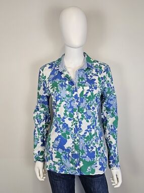 BRAX Leinweber White Blue & Green Button Up Collared Floral Shirt Sz 38 US 8-10